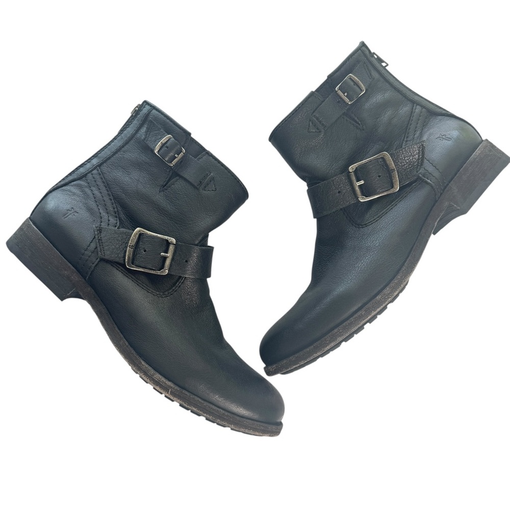 Frye Tyler Engineer Black Leather Boots Buckle Strap Heeled Moto Rugged Size 8 B